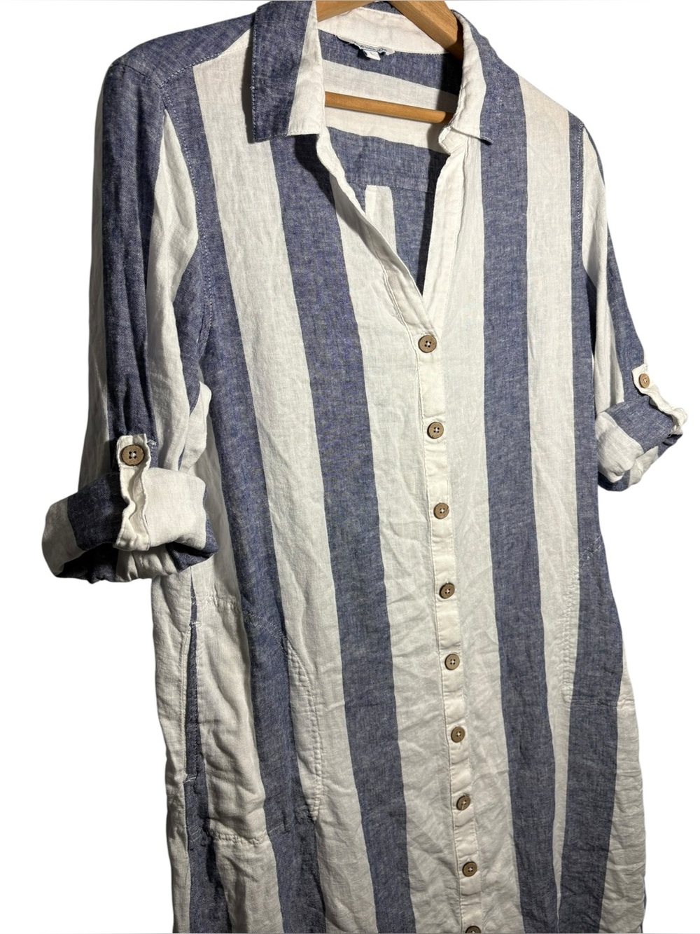BLUE ISLAND | Blue and White Striped Button-Front Linen Shirt Dress L Coverup - Picture 4 of 14